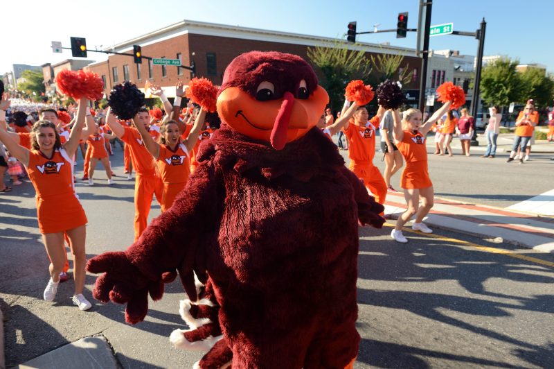 HokieBird walks down Main Street in Blacksburg during the Homecoming Parade
