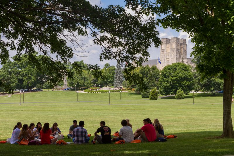 image of orientation group gathering on Drillfield in front of Burruss