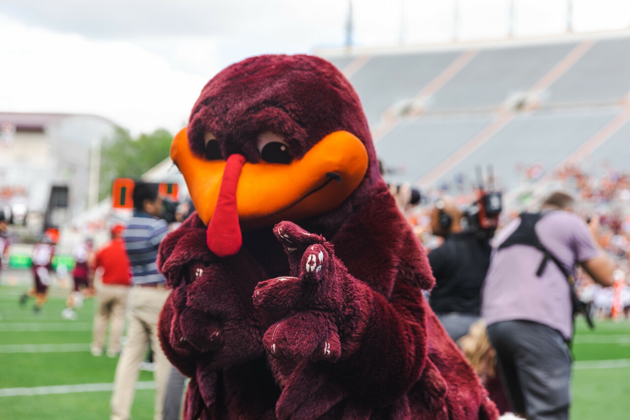 Hokie Bird pointing out at the viewer.
